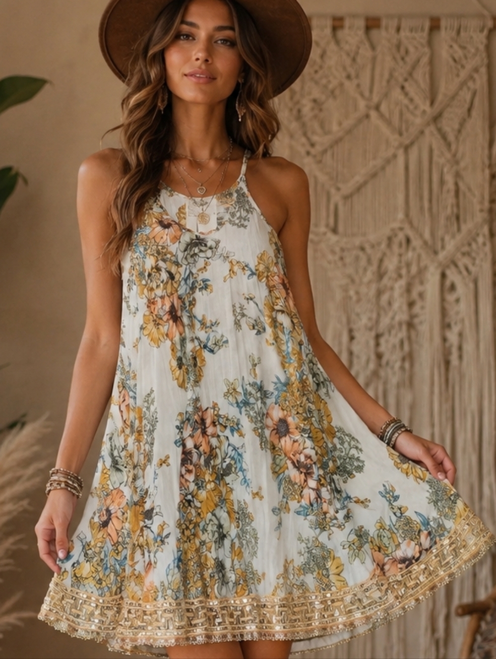 FP ONE Free People Boho Floral Swing Dress XS Crinkle Cotton Beaded Hem Festival
